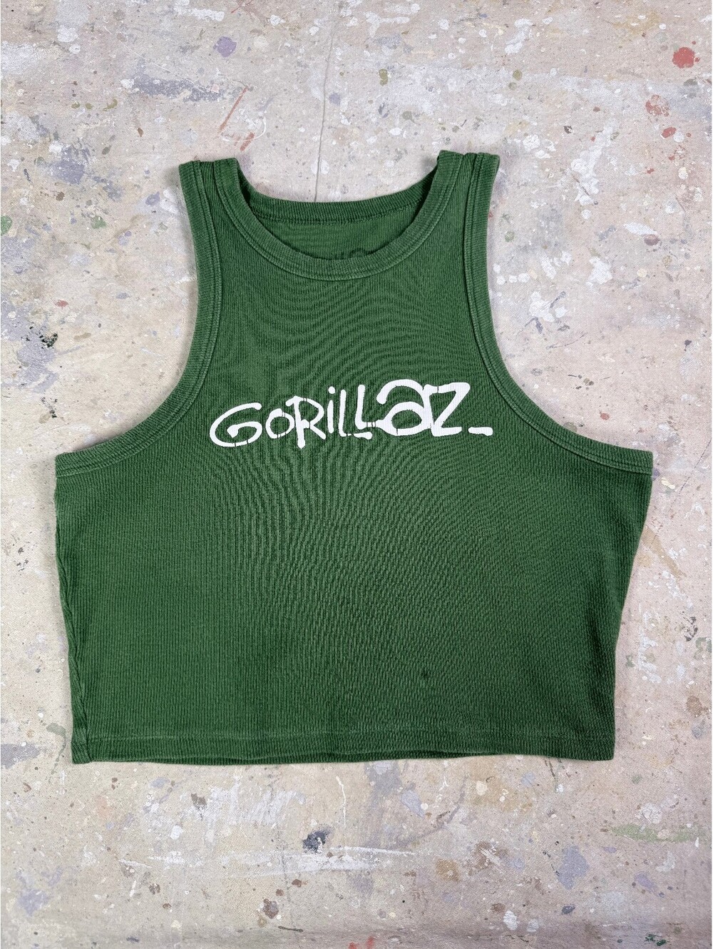 Gorillaz Green Ribbed Cropped Graphic Tank Top